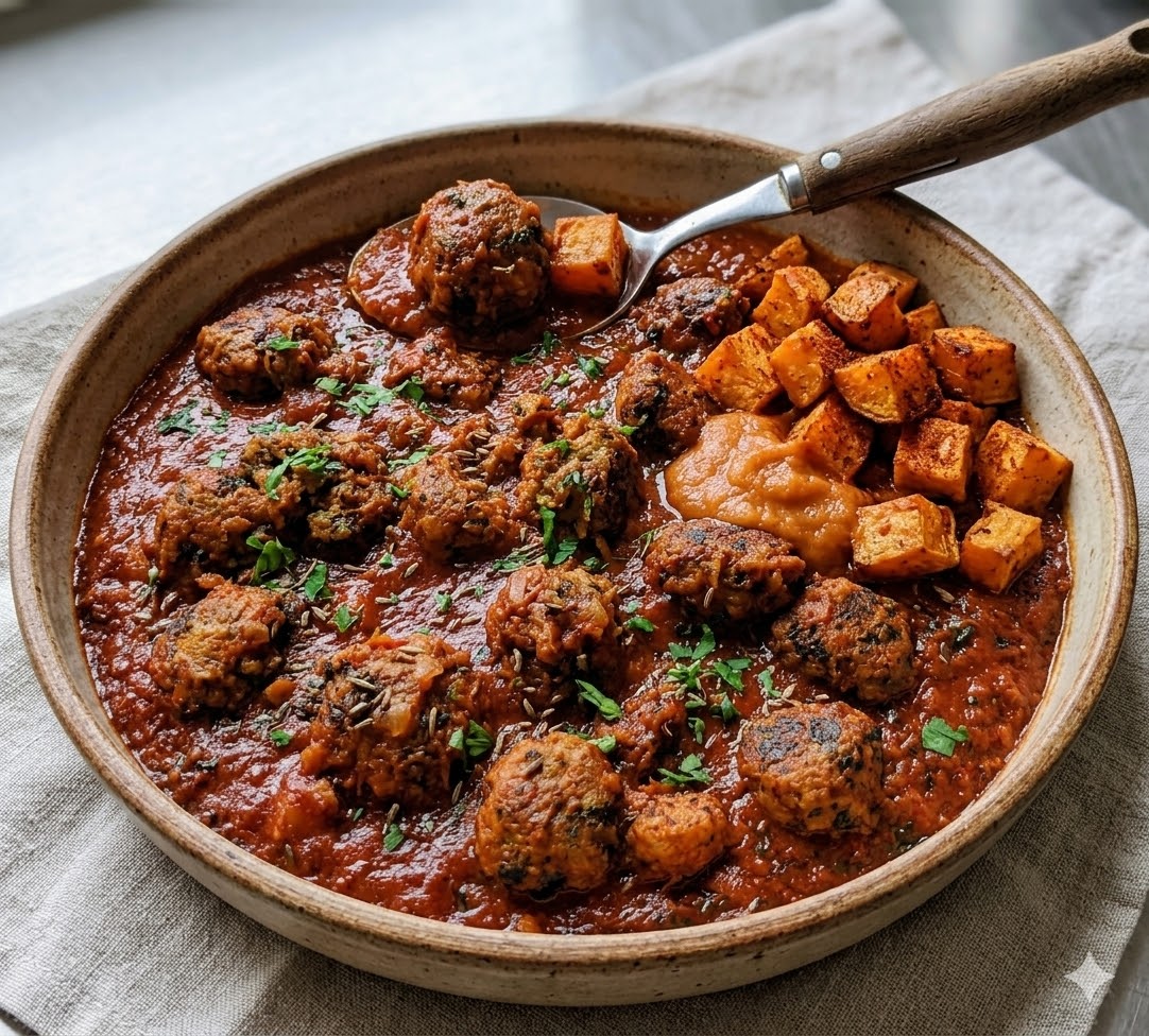 Meatballs in tomato sauce with sweet potato
